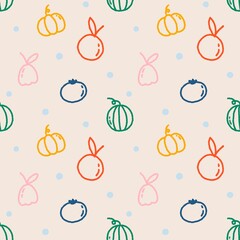 seamless pattern with colorful fruit and vegetables.hand drawn colorful pumpkin,blueberry,rose apple,orange and watermelon in seamless