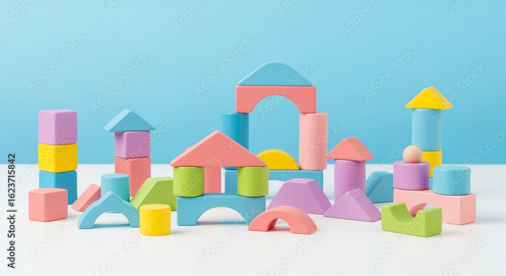 Poster colorful building blocks arranged in a playful structure on a white surface against a blue backgroun
