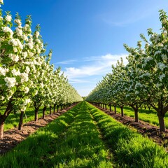 Naklejka premium Blooming orchard rows under a clear sky
