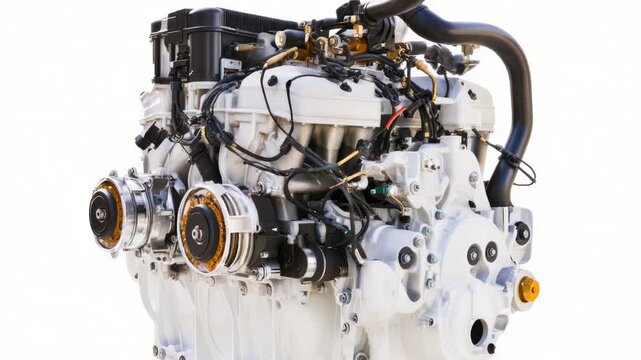A detailed shot of a motor engine on a white background, suitable for technical or educational uses