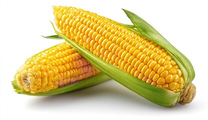 Two Fresh Yellow Corn on the Cob Isolated on White Background with Clipping Path and Hard Shadow