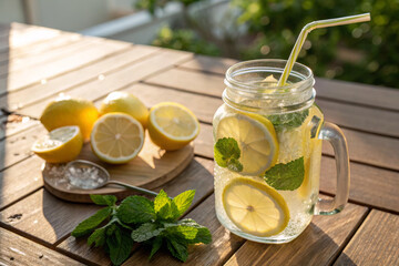 Fototapeta premium Mason Jar Filled with Lemon Infused Water with Fresh Lemon Slices and Mint Leaves on Wooden Table in Summer Sunlight