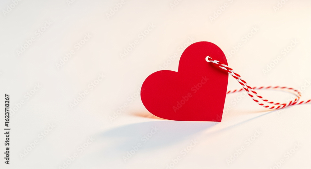 Poster red heart tag with white and red string on white background