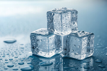 Close Up of Crystal Clear Ice Cubes on Reflective Surface with Bright Light and High Texture Detail