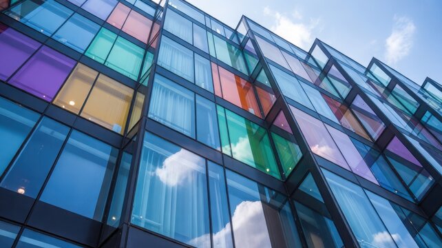 Modern building facade with colorful glass panels and sky reflection