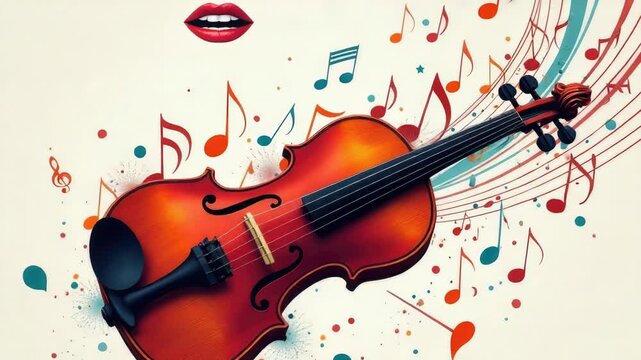 A close-up shot of a violin with musical notes on a white background, perfect for use in educational or creative projects