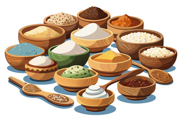 vector of All kinds of sugar in separate wooden bowls. Separated. On a white table and a white background.