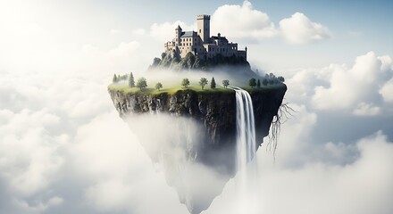 A majestic castle sits atop a floating island, with a waterfall cascading into the clouds below.