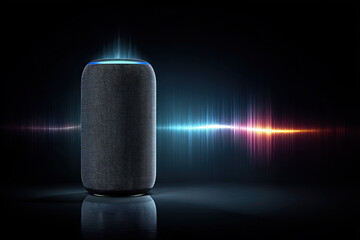 Smart speaker with colorful sound wave visualization, voice assistant technology, AI audio device with rainbow spectrum display, modern home automation and digital communication concept

