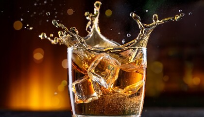 golden liquid splashes from a glass with ice on a dark blurred background