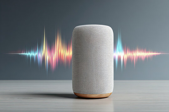 Smart speaker with colorful sound wave visualization, voice assistant technology, AI audio device with rainbow spectrum display, modern home automation and digital communication concept

