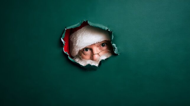 Funny Santa Claus peeking with one eye through green gift wrap – perfect for christmas sale, new year invitation, postcard mockup