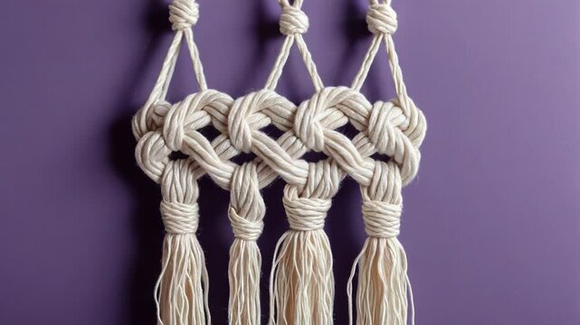 A close-up view of three knots on a purple textured wall, providing an abstract decorative pattern