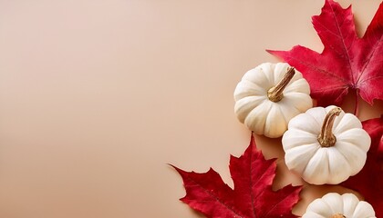 white pumpkins and red maple leaves on beige background