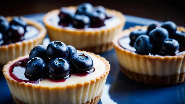 A small plate filled with bite-sized blueberry cheesecakes, perfect for a dessert or snack