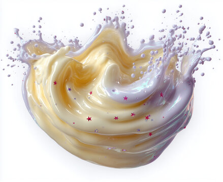 Creamy splash of soft lavender and yellow with fine shimmer, containing tiny red stars inside. Bright, whimsical abstract design on a white background.