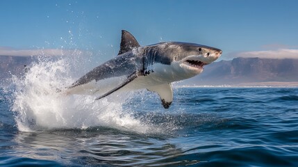 Fototapeta premium A great white shark breaches the surface, showcasing its powerful physique and sharp teeth.