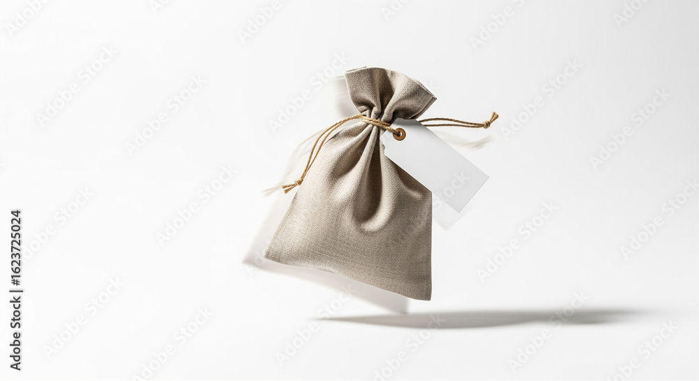 Poster canvas pouch with tag floating on white background