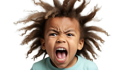 Photo of closeup portrait of an angry young boy with wild hair shouting with his mouth open, isolated on transparent background