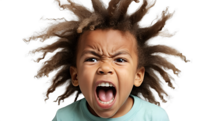 Photo of closeup portrait of an angry young boy with wild hair shouting with his mouth open, isolated on transparent background