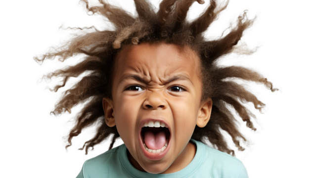 Photo of closeup portrait of an angry young boy with wild hair shouting with his mouth open, isolated on transparent background