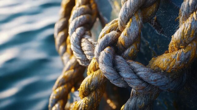 Close-up shot of a rope on a boat, useful for nautical or outdoor themed projects