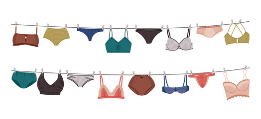 Vector isolated flat illustration of colorful women underwear hanging on clotheslines. Cute cartoon lingerie and panties set. Perfect for fashion, laundry, hygiene, and clothing design projects.