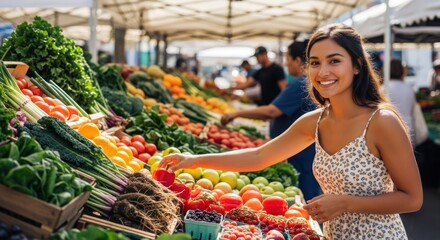 Obraz premium Woman smiles at a vibrant farmers market, choosing produce