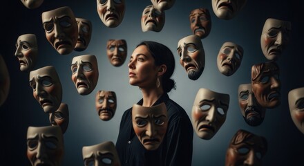 Woman surrounded by many masks of various emotions