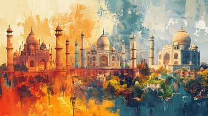 A colorful collage of iconic Indian landmarks in the style of Bharatacha Nakasha during festive season