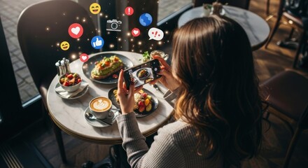 Woman taking a photo of food in a cafe, social media icons overlay