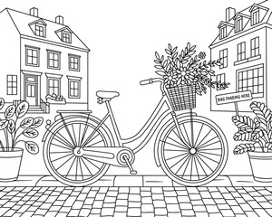 Charming Street Scene with Bicycle and Flowers Black and White Illustration