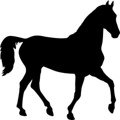 Minimalist side view silhouette of a trotting horse, placed slightly toward the right side of the frame. Its tail is lifted gently and legs are depicted in mid-step. The design is symbolic and flat, w