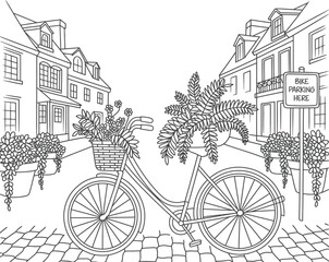 Vintage Bicycle with Floral Basket in European Town Line Art Illustration