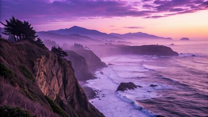 Obraz premium Lavender Sunrise Over Rugged Coastal Cliffs and Ocean Waves – Dreamy Purple Seascape Background