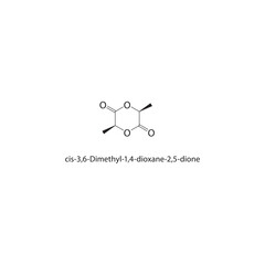 cis-3,6-Dimethyl-1,4-dioxane-2,5-dione skeletal structure. Dioxanedione compound schematic illustration. Simple diagram, chemical formula.