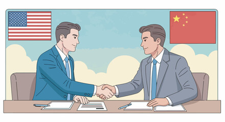 illustration of two businessmen shaking hands across a table full of tariffs documents, with US and China flags in the background