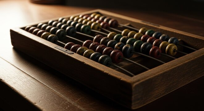 Wooden abacus with colorful beads, on a dark wooden surface