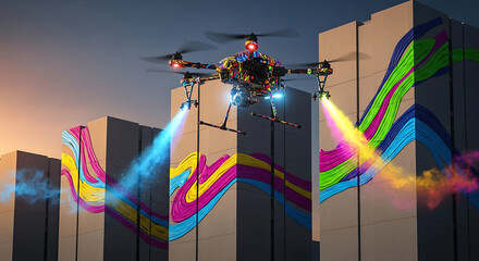 Naklejka premium A drone painting graffiti on city buildings, symbolizing the fusion of technology and art in a vibrant and dynamic urban environment of the future