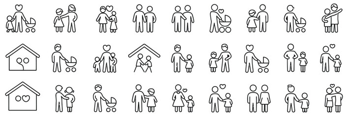 A set of minimalist line art icons illustrating family and relationship themes. Includes diverse family units, parents, and children for UI design.
