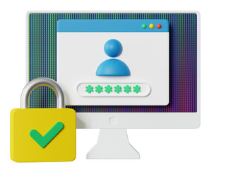 Secure login form page with password on computer monitor and padlock 3d icon illustration. Log in window, sign in