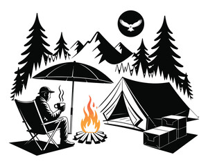 Monochrome Camping Illustration Relaxing by the Campfire with Mountain Views in the Wilderness