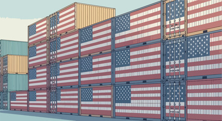 shipping containers stacked like a wall, with the US flag painted on them, symbolizing import tariffs and trade barriers.