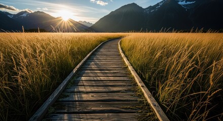 Wooden boardwalk path through golden grass field, mountains and sunset