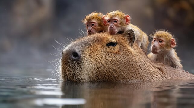 A capybara with two baby monkeys perched on its back, enjoying a tranquil swim.