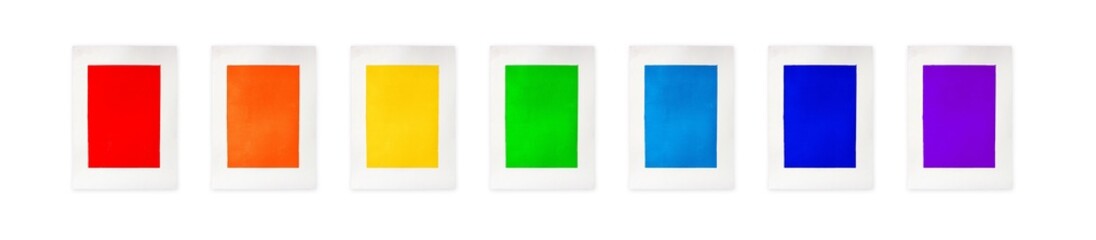 Set of seven isolated colorful rectangular blocks printed on white paper, arranged in rainbow spectrum. minimalist abstract artwork. Background for card or template design for flyer
