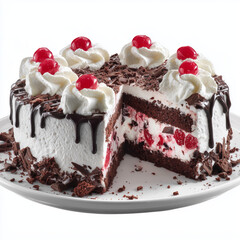 Elegant Black Forest cake with layers of chocolate sponge, whipped cream, cherries, and chocolate shavings, garnished with cream swirls and cherry topping.