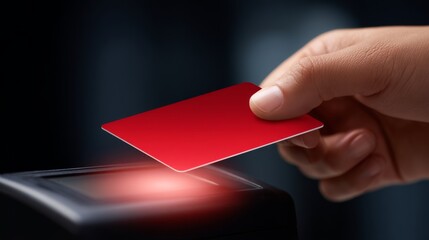 A hand holding a bright red card near a scanner. The glowing light indicates an interaction. This image represents technology in action and the world of digital transactions. AI