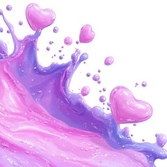 Fototapeta premium Lavender creamy liquid with delicate silver and purple shimmer, glossy hearts floating inside. Romantic Valentine’s Day theme, soft and elegant on white background.