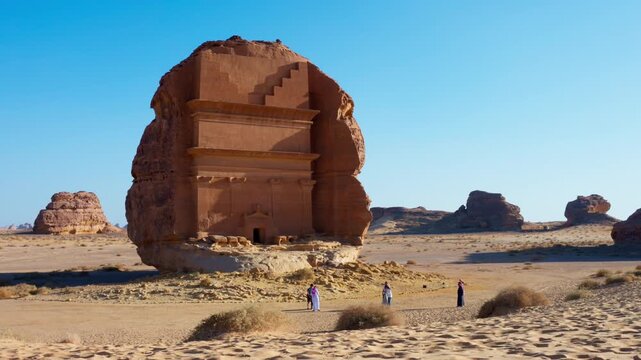 4k Video of Arab Saudi man standing in front of Qasr al Farid, lonely castle, tomb in Archeological site Madain Saleh, Al-Ula, Hegra, Saudi Arabia